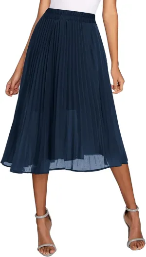 Urban CoCo Women's A Line Elastic Wasit Chiffon Midi Skirt Flare Pleated Skirts with Pockets