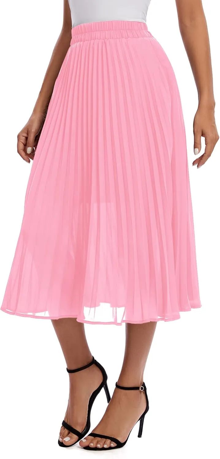 Urban CoCo Women's A Line Elastic Wasit Chiffon Midi Skirt Flare Pleated Skirts with Pockets
