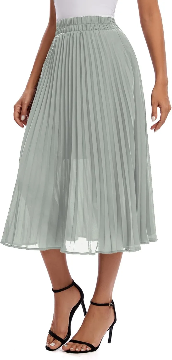 Urban CoCo Women's A Line Elastic Wasit Chiffon Midi Skirt Flare Pleated Skirts with Pockets