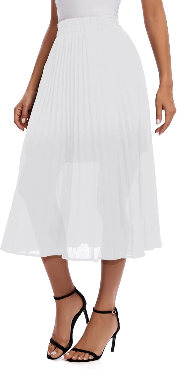 Urban CoCo Women's A Line Elastic Wasit Chiffon Midi Skirt Flare Pleated Skirts with Pockets