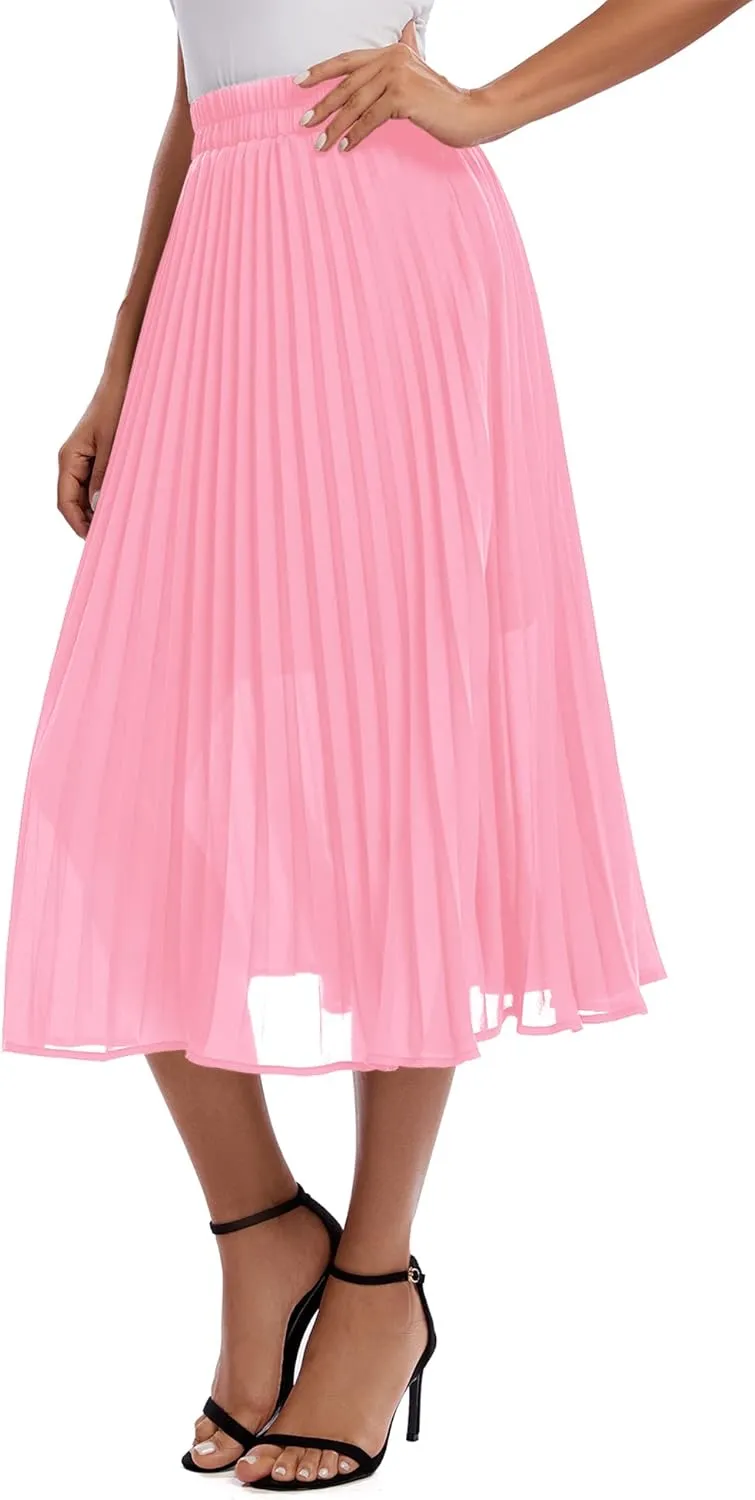 Urban CoCo Women's A Line Elastic Wasit Chiffon Midi Skirt Flare Pleated Skirts with Pockets