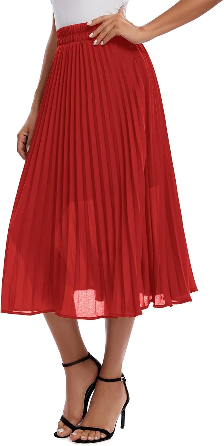 Urban CoCo Women's A Line Elastic Wasit Chiffon Midi Skirt Flare Pleated Skirts with Pockets