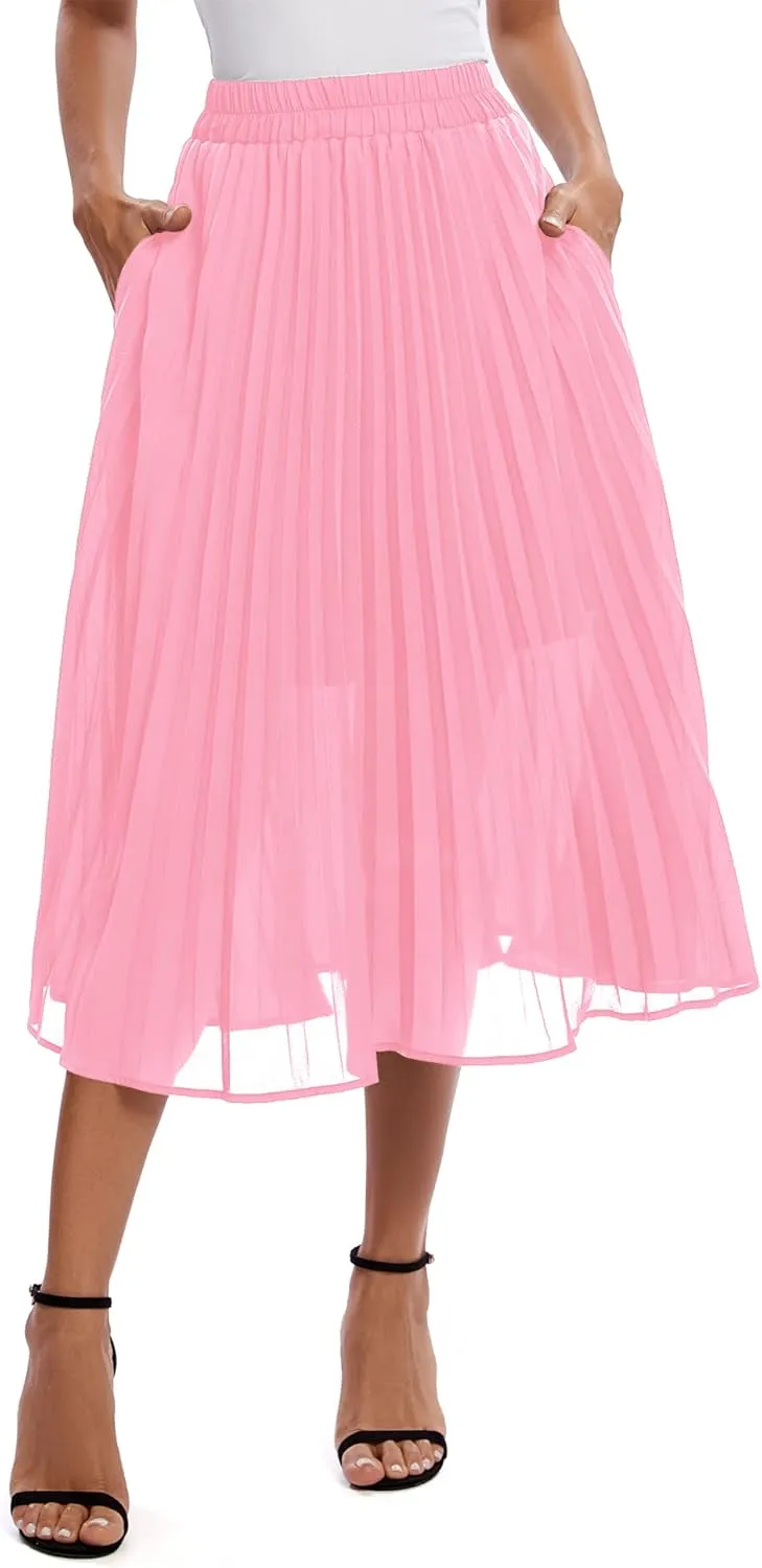 Urban CoCo Women's A Line Elastic Wasit Chiffon Midi Skirt Flare Pleated Skirts with Pockets