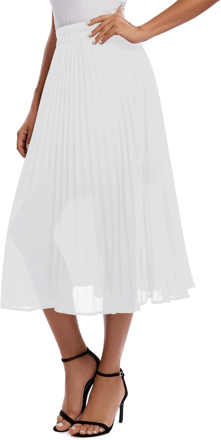 Urban CoCo Women's A Line Elastic Wasit Chiffon Midi Skirt Flare Pleated Skirts with Pockets