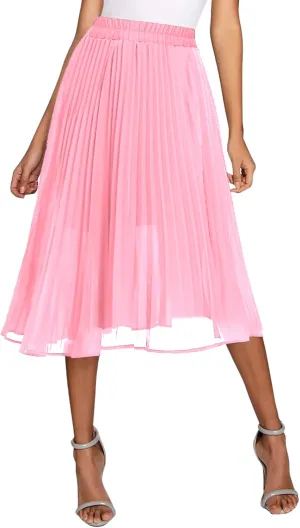Urban CoCo Women's A Line Elastic Wasit Chiffon Midi Skirt Flare Pleated Skirts with Pockets