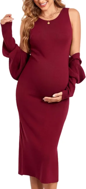 V FOR CITY Maternity Dress Sweater Two Piece Sets for Women Bodycon Dresses Tank Slit Cropped Cardigan Long Sleeve Knit