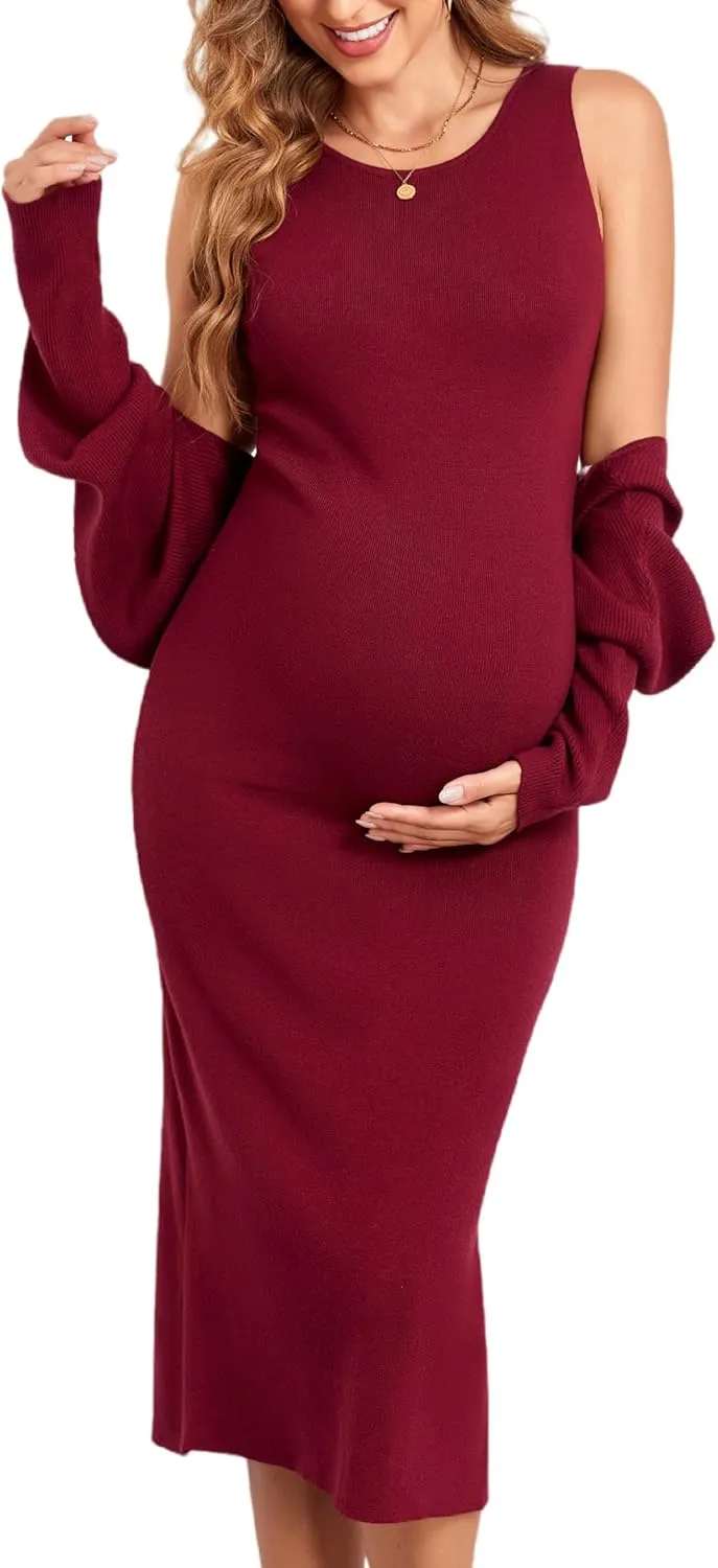 V FOR CITY Maternity Dress Sweater Two Piece Sets for Women Bodycon Dresses Tank Slit Cropped Cardigan Long Sleeve Knit