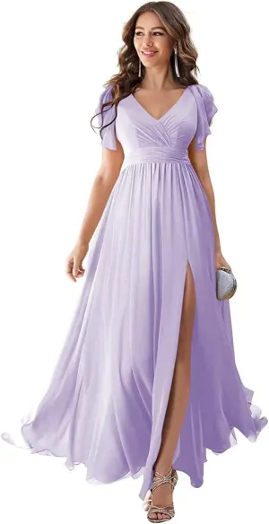 V Neck Chiffon Bridesmaid Dress Long Ruffles Cap Sleeve Slit Formal Evening Gown with Pocket Lavender US24W