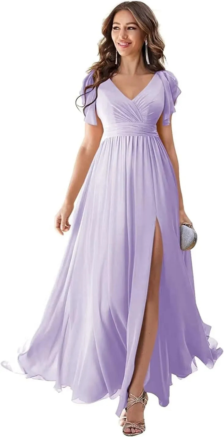 V Neck Chiffon Bridesmaid Dress Long Ruffles Cap Sleeve Slit Formal Evening Gown with Pocket Lavender US24W