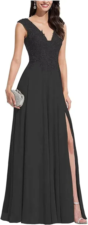 V Neck Sleeveless Formal Prom Dress for Party Lace Appliques Chiffon Evening Dress with Slit for Women Black US10