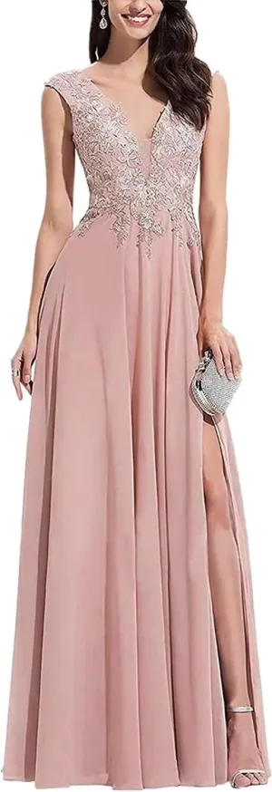 V Neck Sleeveless Formal Prom Dress for Party Lace Appliques Chiffon Evening Dress with Slit for Women Dusty Rose US10