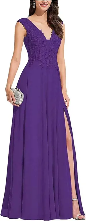 V Neck Sleeveless Formal Prom Dress for Party Lace Appliques Chiffon Evening Dress with Slit for Women Grape US10