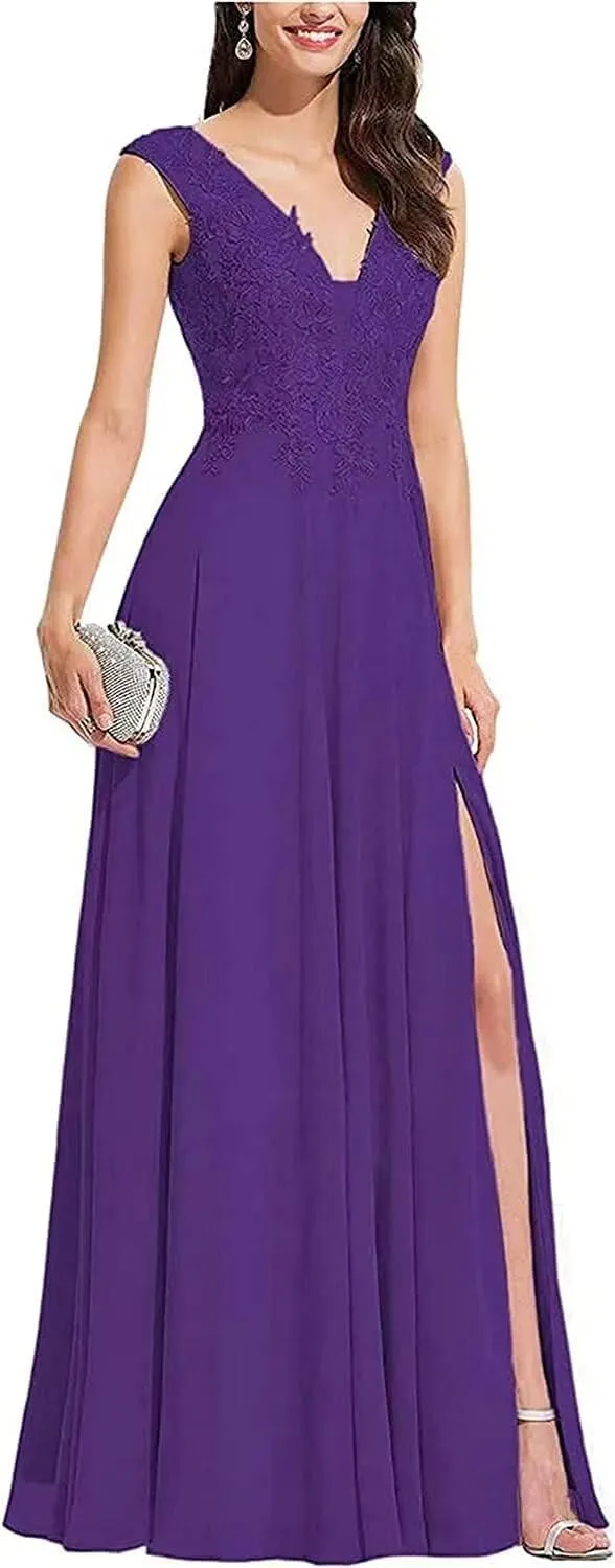 V Neck Sleeveless Formal Prom Dress for Party Lace Appliques Chiffon Evening Dress with Slit for Women Grape US10