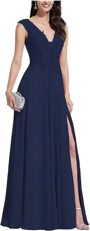 V Neck Sleeveless Formal Prom Dress for Party Lace Appliques Chiffon Evening Dress with Slit for Women Navy Blue US12
