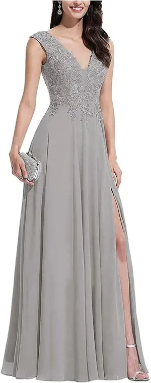 V Neck Sleeveless Formal Prom Dress for Party Lace Appliques Chiffon Evening Dress with Slit for Women Silver US8
