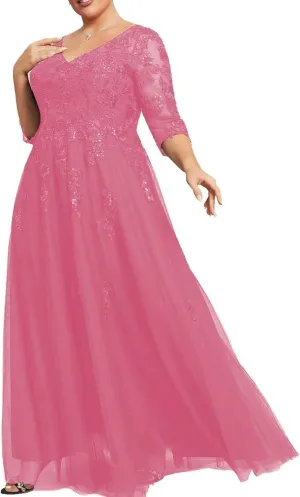 V Neck Tulle Mother of The Bride Dress Plus Size Lace Appliques Floor Length Formal Evening Gown