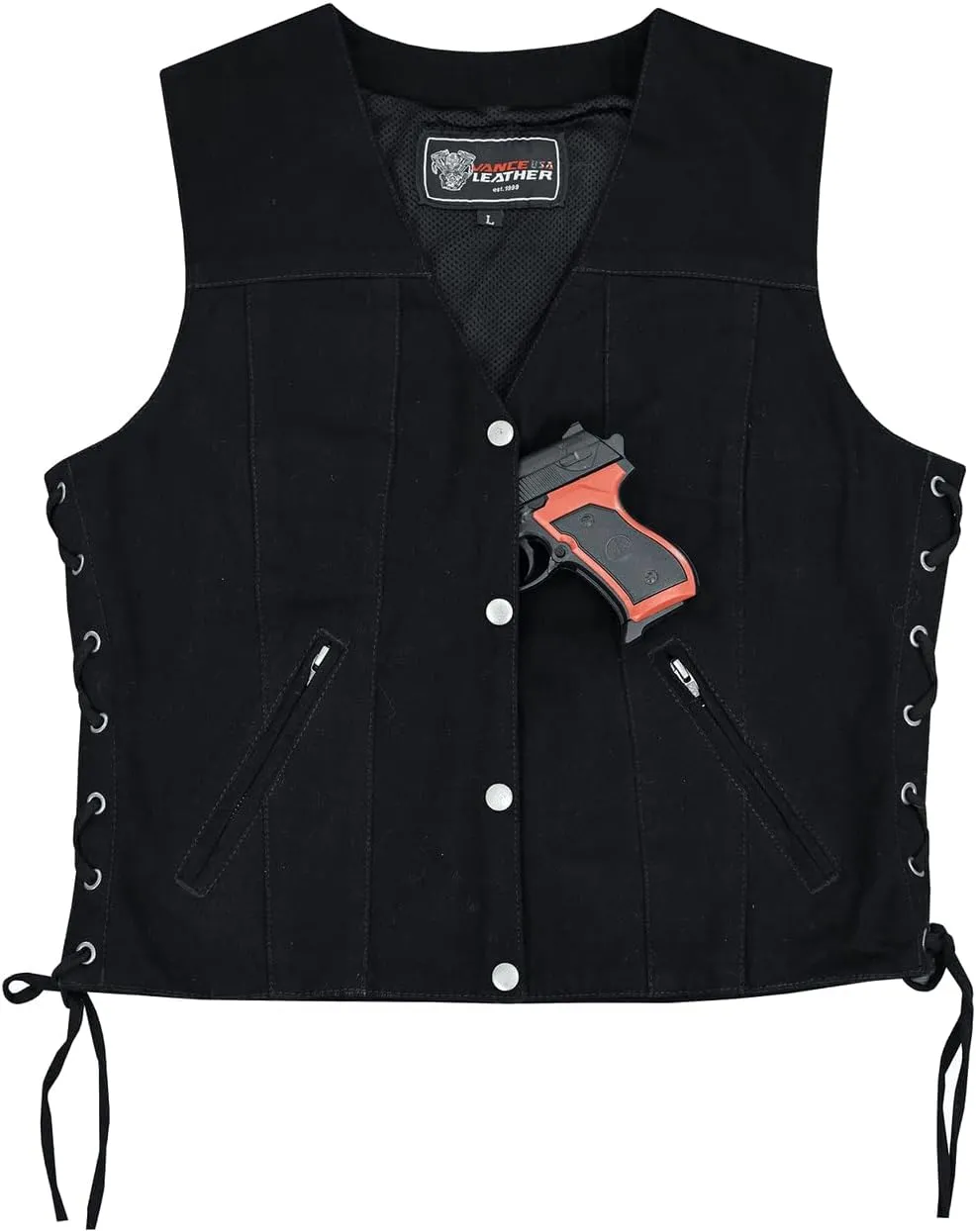 Vance Leather USA Women's Sleeveless Denim V Neck Vest With Conceal Carry Pockets