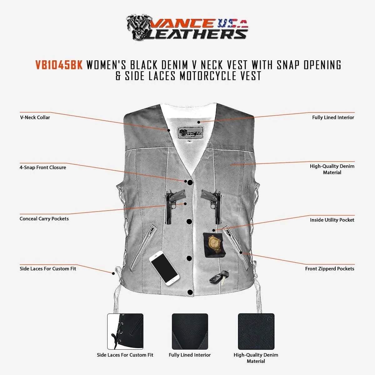 Vance Leather USA Women's Sleeveless Denim V Neck Vest With Conceal Carry Pockets