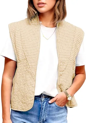 VAOYIU Womens Cropped Puffer Vest Lightweight Sleeveless Plaid Printed Cotton Quilted Vest Outwear