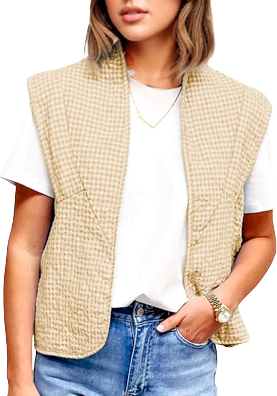 VAOYIU Womens Cropped Puffer Vest Lightweight Sleeveless Plaid Printed Cotton Quilted Vest Outwear