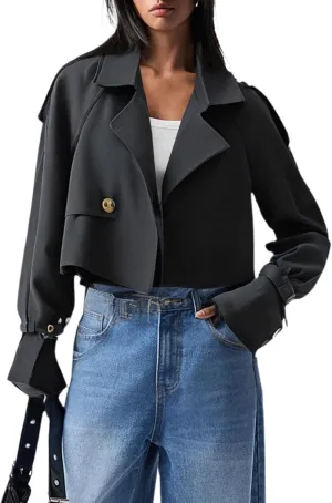 Verdusa Women's Button Front Buckle Raglan Sleeve Crop Jacket Trench Coat