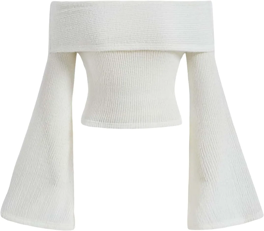 Verdusa Women's Off The Shoulder Sweater Bell Long Sleeve Slim Fitted Crop Tee Top