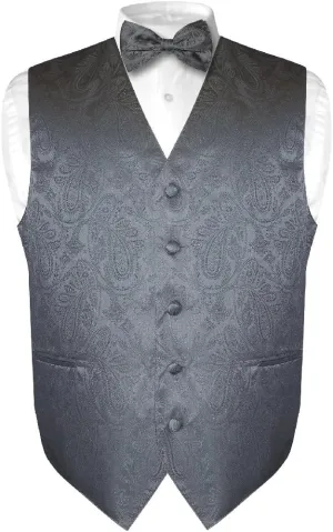 Vesuvio Napoli Men's Paisley Design Dress Vest & Bow Tie CHARCOAL GREY Color BOWTie Set