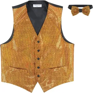Vesuvio Napoli Men's SEQUIN Design Dress Vest & Bow Tie GOLD Color BOWTie Set for Suit Tux