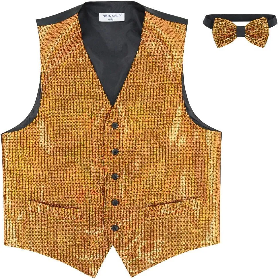 Vesuvio Napoli Men's SEQUIN Design Dress Vest & Bow Tie GOLD Color BOWTie Set for Suit Tux