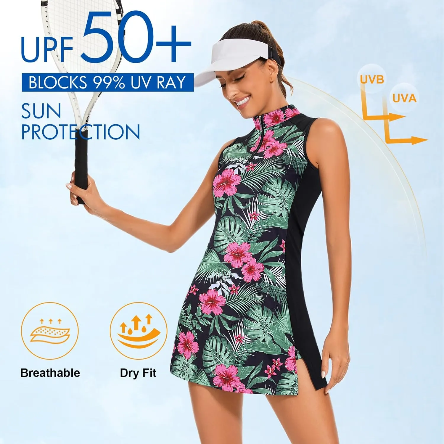 Viracy Tennis Dress Golf Dresses for Women with Shorts, Pockets Sleeveless Zip Up Stand Collar Lightweight Athletic Dress