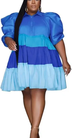 VIVICOLOR Womens Colorblock Babydoll Mini Dress Puff Short Sleeve Ruffle Hem Shirt Mini Dress Plus Size