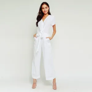 Waist Tie Button Up Jumpsuit (White)