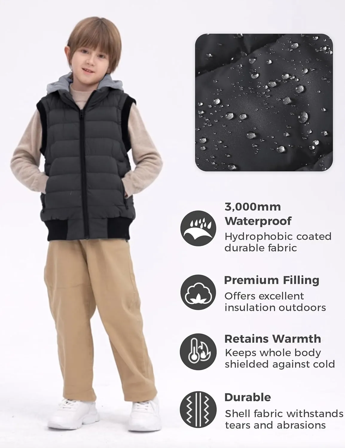 wantdo Boy's Puffer Vest Waterproof Winter Coat Fleece Vest Sleeveless Jacket