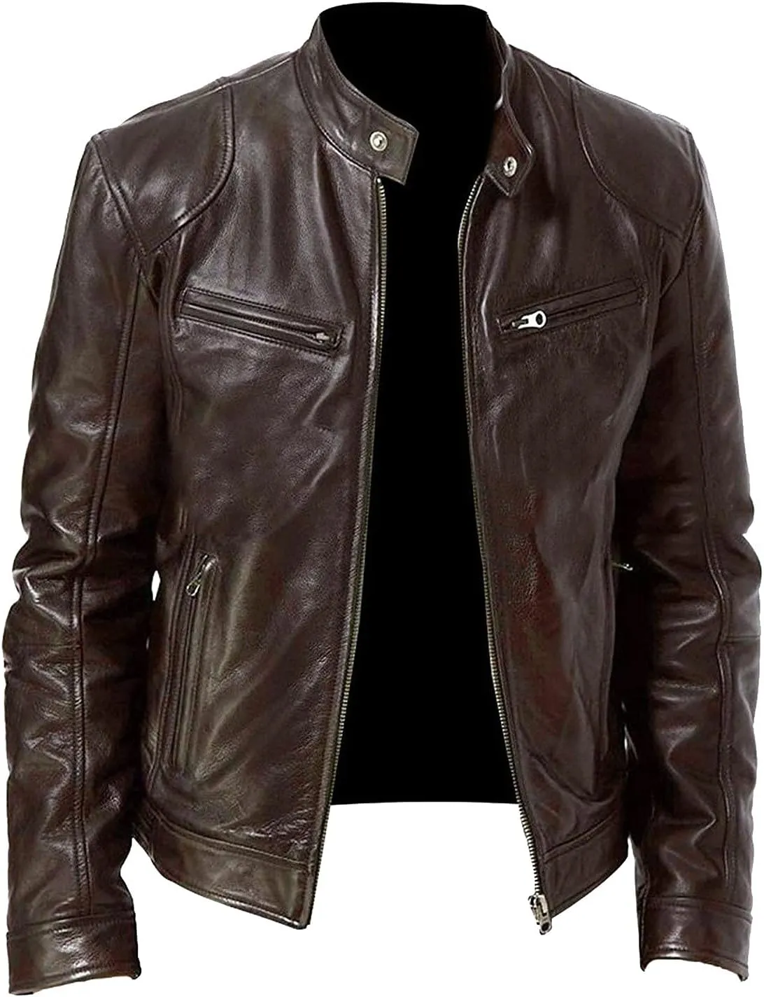 WENKOMG1 Zip Up Faux Leather Jacket for Men, Slim Fit Motorcycle Jacket with Pocket Crewneck Solid Color Coat