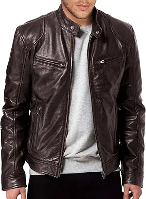 WENKOMG1 Zip Up Faux Leather Jacket for Men, Slim Fit Motorcycle Jacket with Pocket Crewneck Solid Color Coat