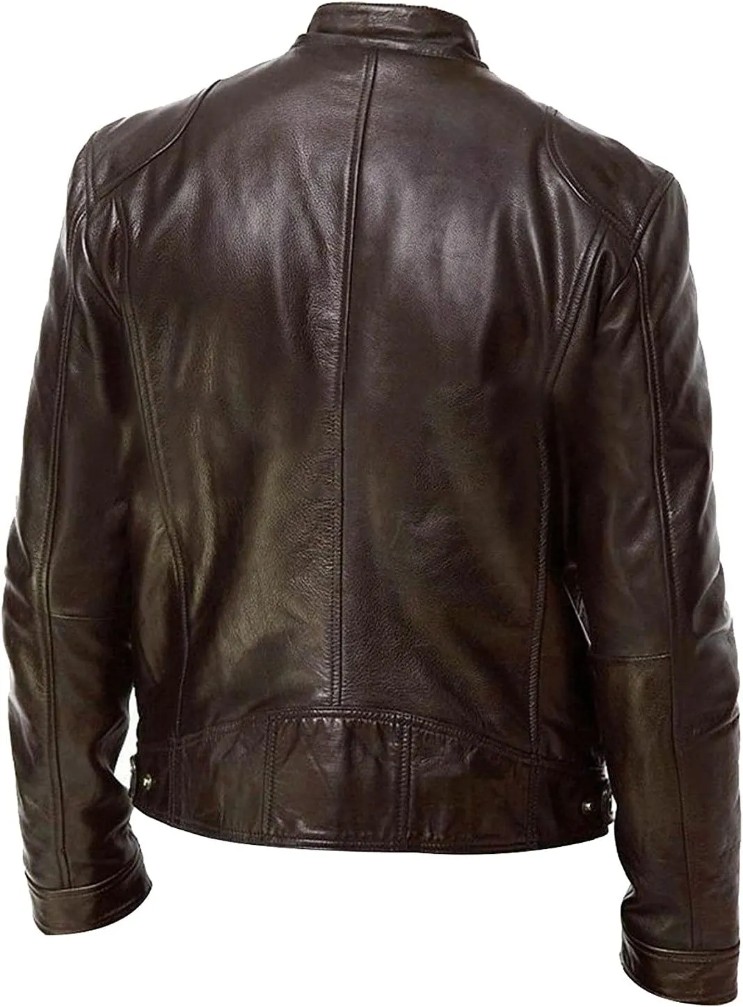 WENKOMG1 Zip Up Faux Leather Jacket for Men, Slim Fit Motorcycle Jacket with Pocket Crewneck Solid Color Coat
