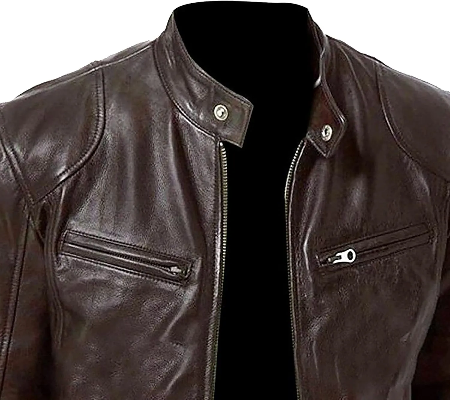WENKOMG1 Zip Up Faux Leather Jacket for Men, Slim Fit Motorcycle Jacket with Pocket Crewneck Solid Color Coat