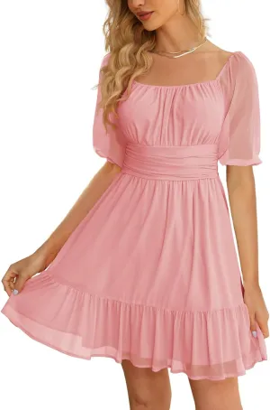 Wenrine Womens Puff Short Sleeve Mini Dress Mesh Square Neck High Waist Ruffle Hem Flowy Party A Line Dress