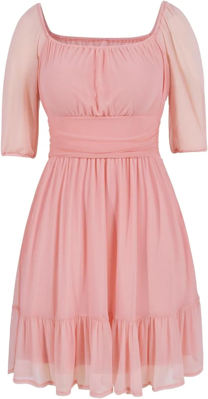 Wenrine Womens Puff Short Sleeve Mini Dress Mesh Square Neck High Waist Ruffle Hem Flowy Party A Line Dress