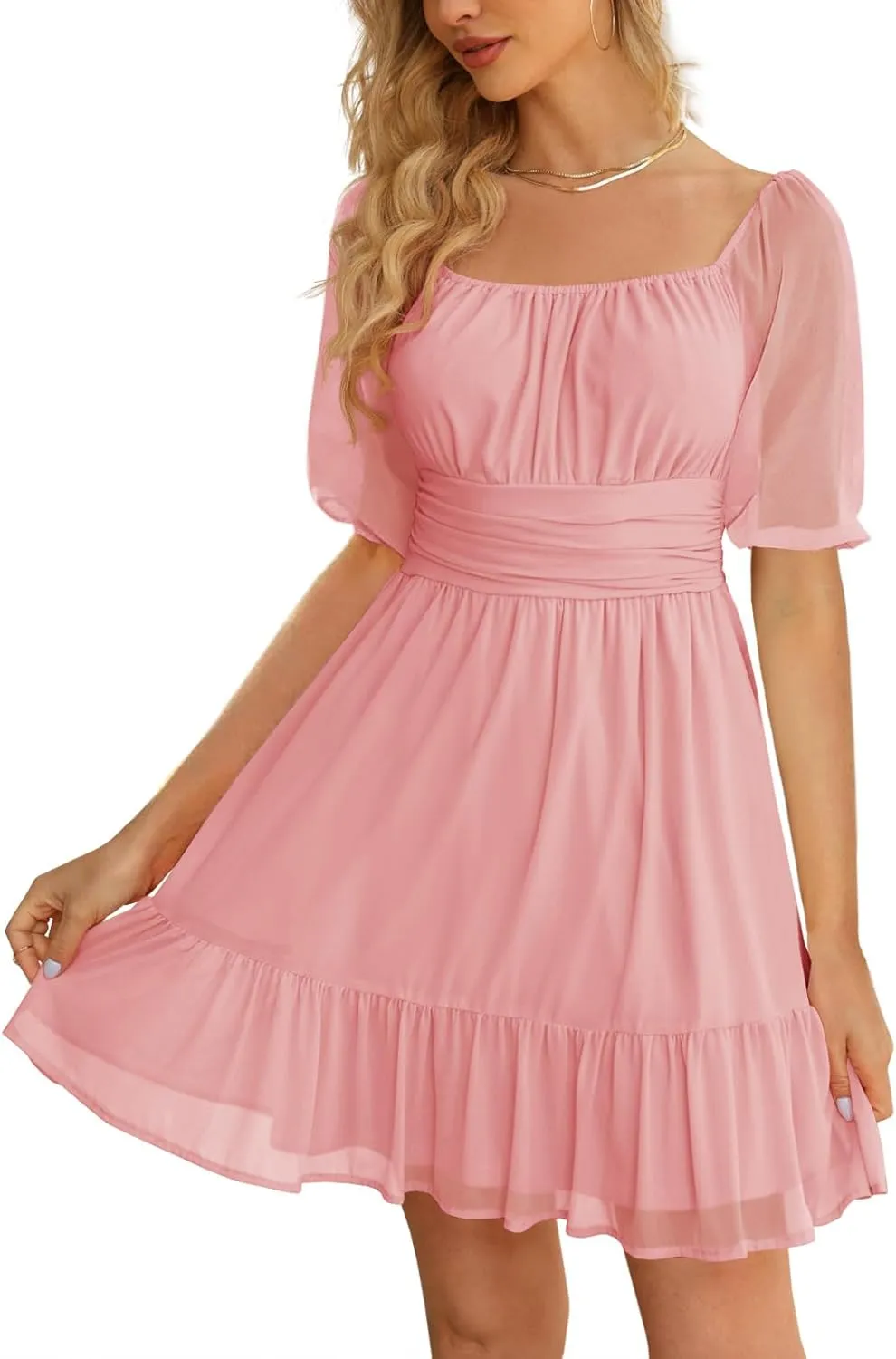 Wenrine Womens Puff Short Sleeve Mini Dress Mesh Square Neck High Waist Ruffle Hem Flowy Party A Line Dress
