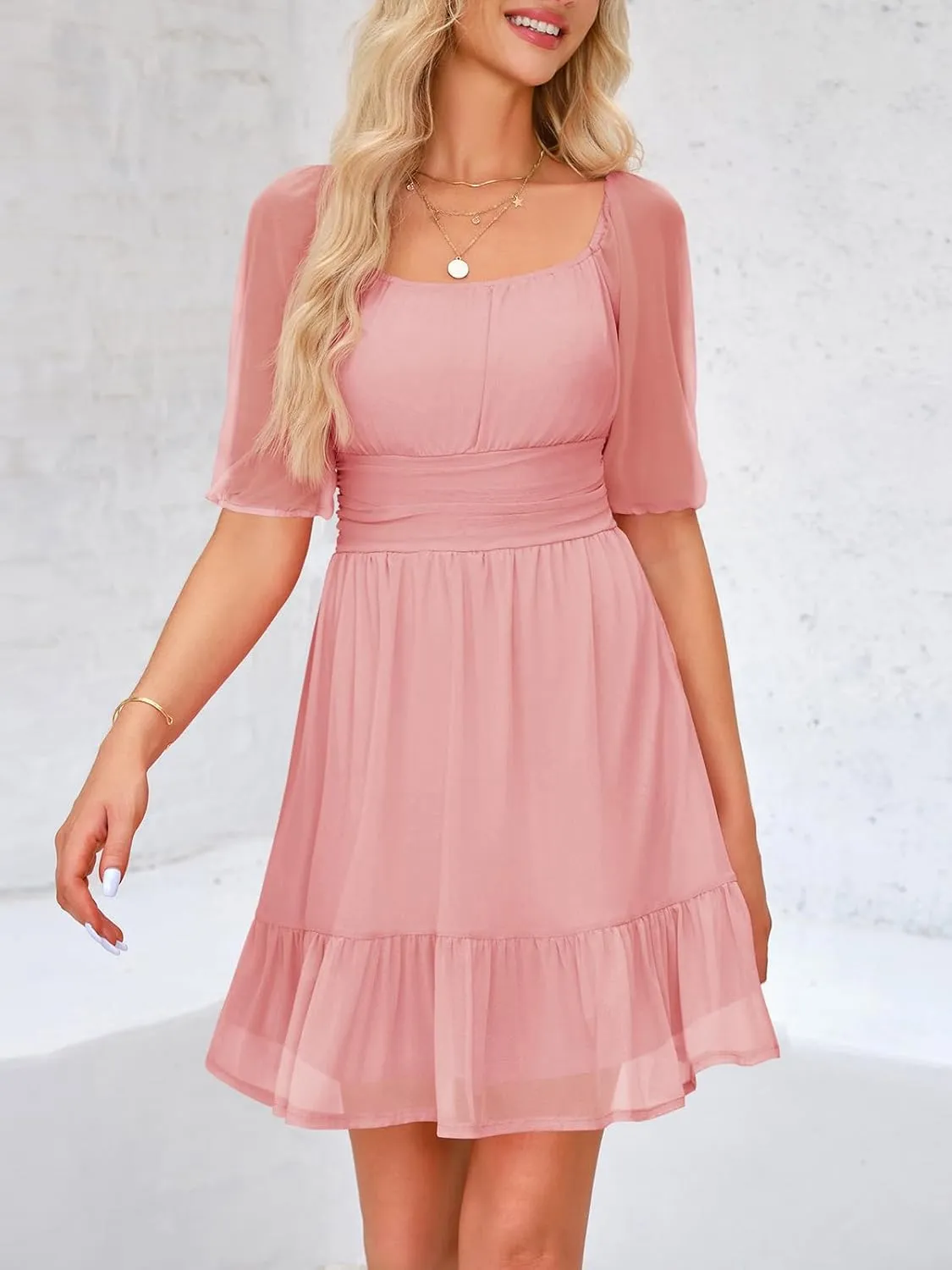 Wenrine Womens Puff Short Sleeve Mini Dress Mesh Square Neck High Waist Ruffle Hem Flowy Party A Line Dress