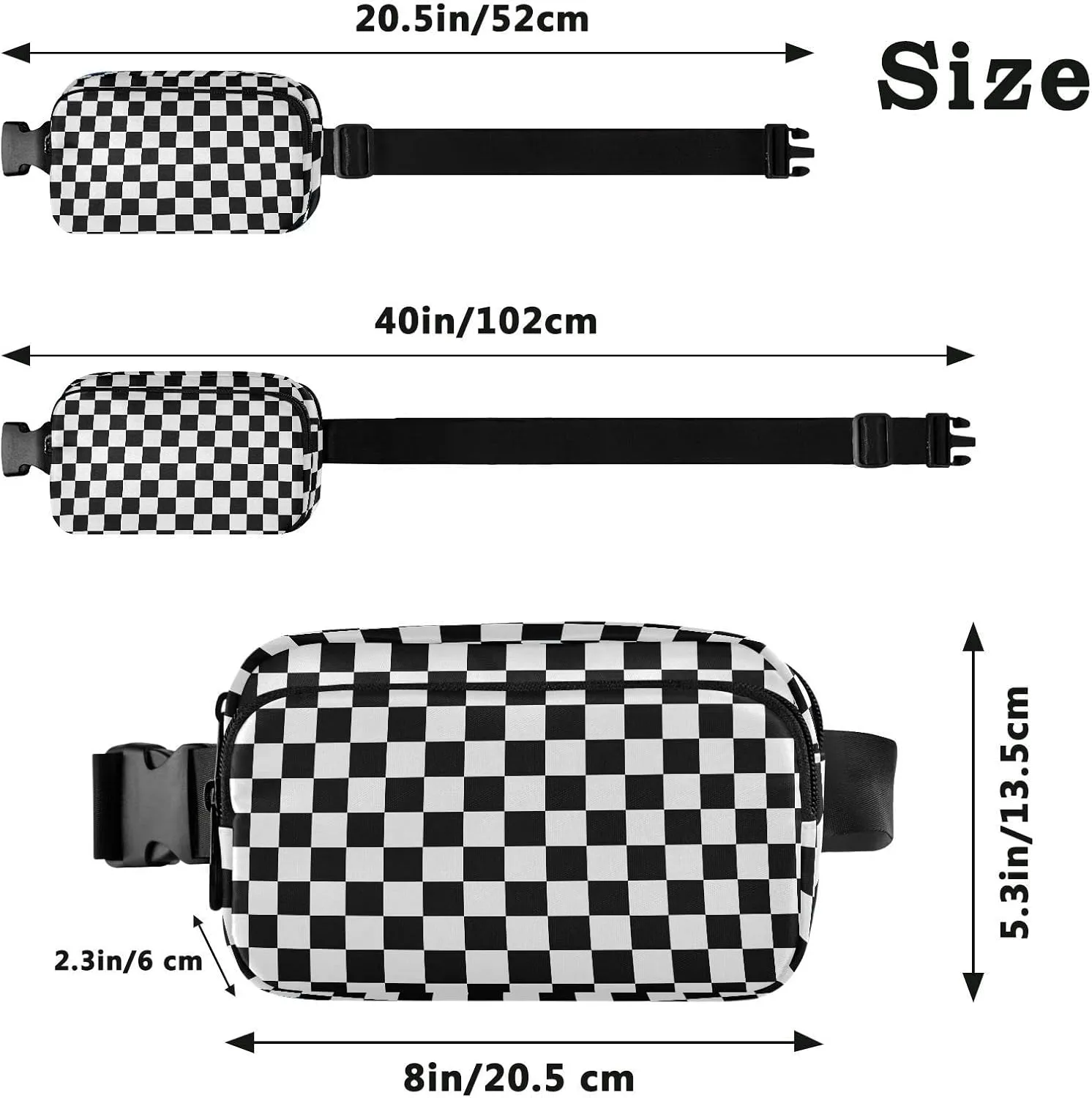 White Black Plaid Fanny Pack for Women Men Belt Bag Crossbody Waist Pouch Waterproof Everywhere Purse Fashion Sling Bag for Running Hiking Workout Walking Travel