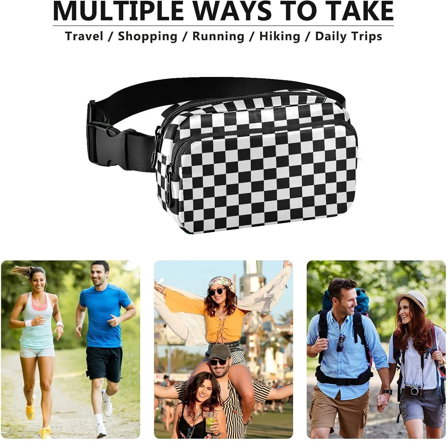White Black Plaid Fanny Pack for Women Men Belt Bag Crossbody Waist Pouch Waterproof Everywhere Purse Fashion Sling Bag for Running Hiking Workout Walking Travel