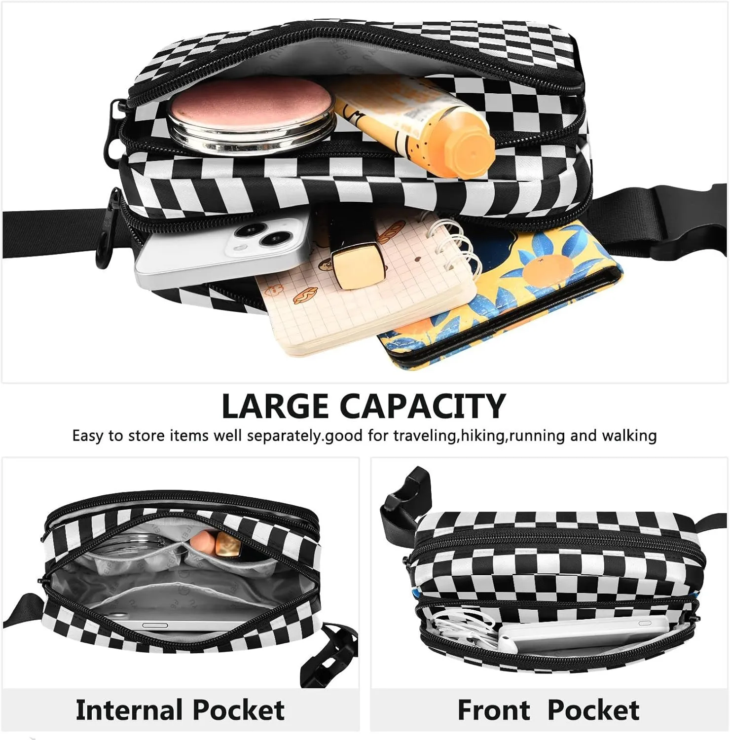 White Black Plaid Fanny Pack for Women Men Belt Bag Crossbody Waist Pouch Waterproof Everywhere Purse Fashion Sling Bag for Running Hiking Workout Walking Travel