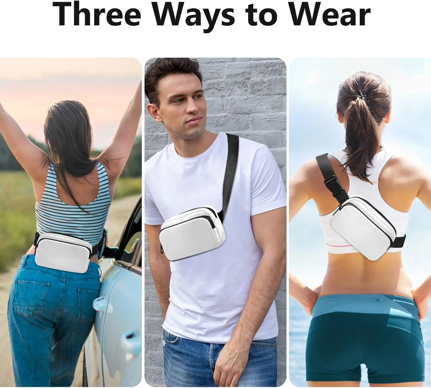 White Fanny Pack for Women Men Belt Bag Crossbody Waist Pouch Waterproof Everywhere Purse Fashion Sling Bag for Running Hiking Workout Travel