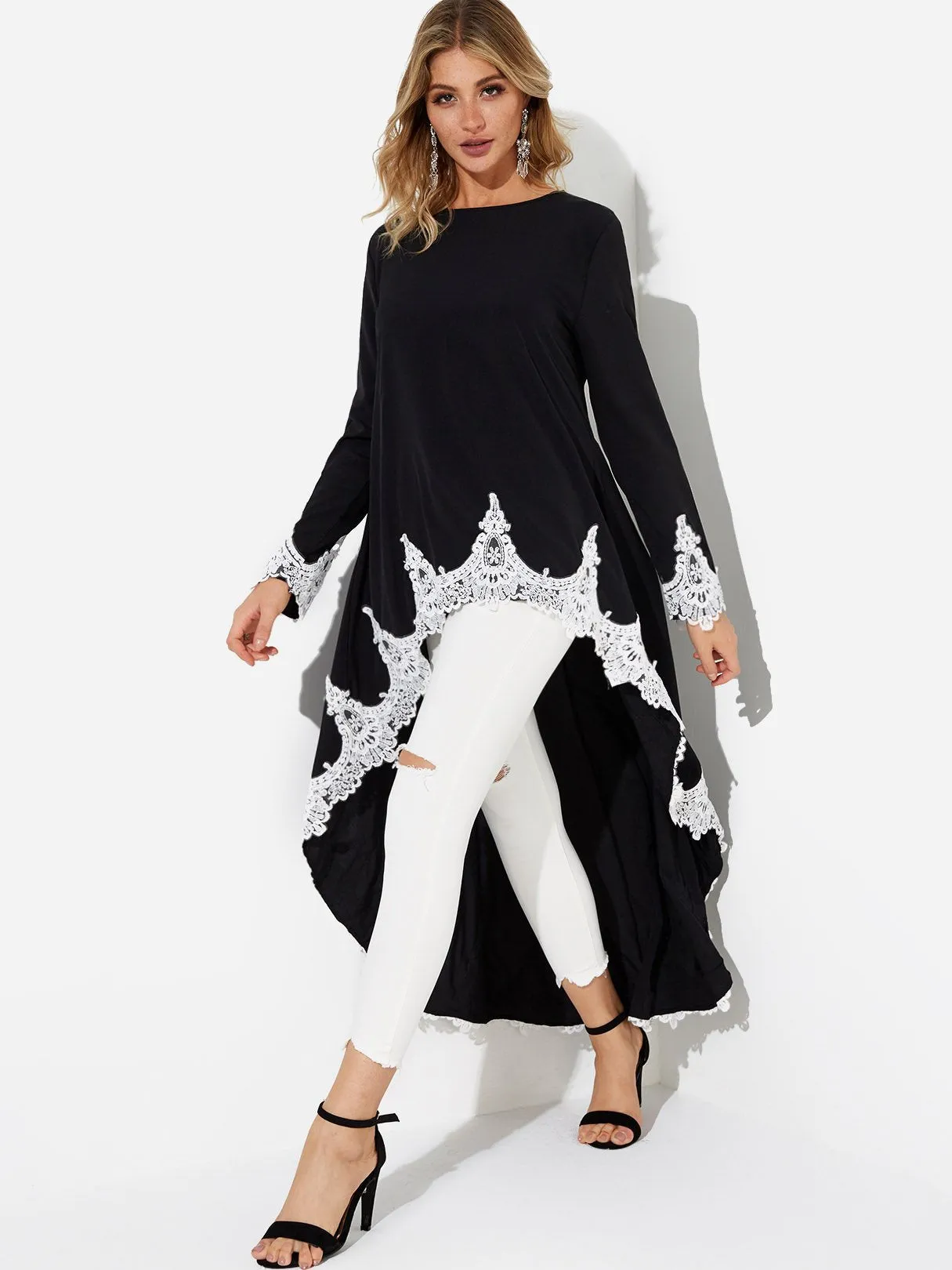 Wholesale Black Round Neck Long Sleeve Plain Lace Insert Irregular Hem Casual Dresses