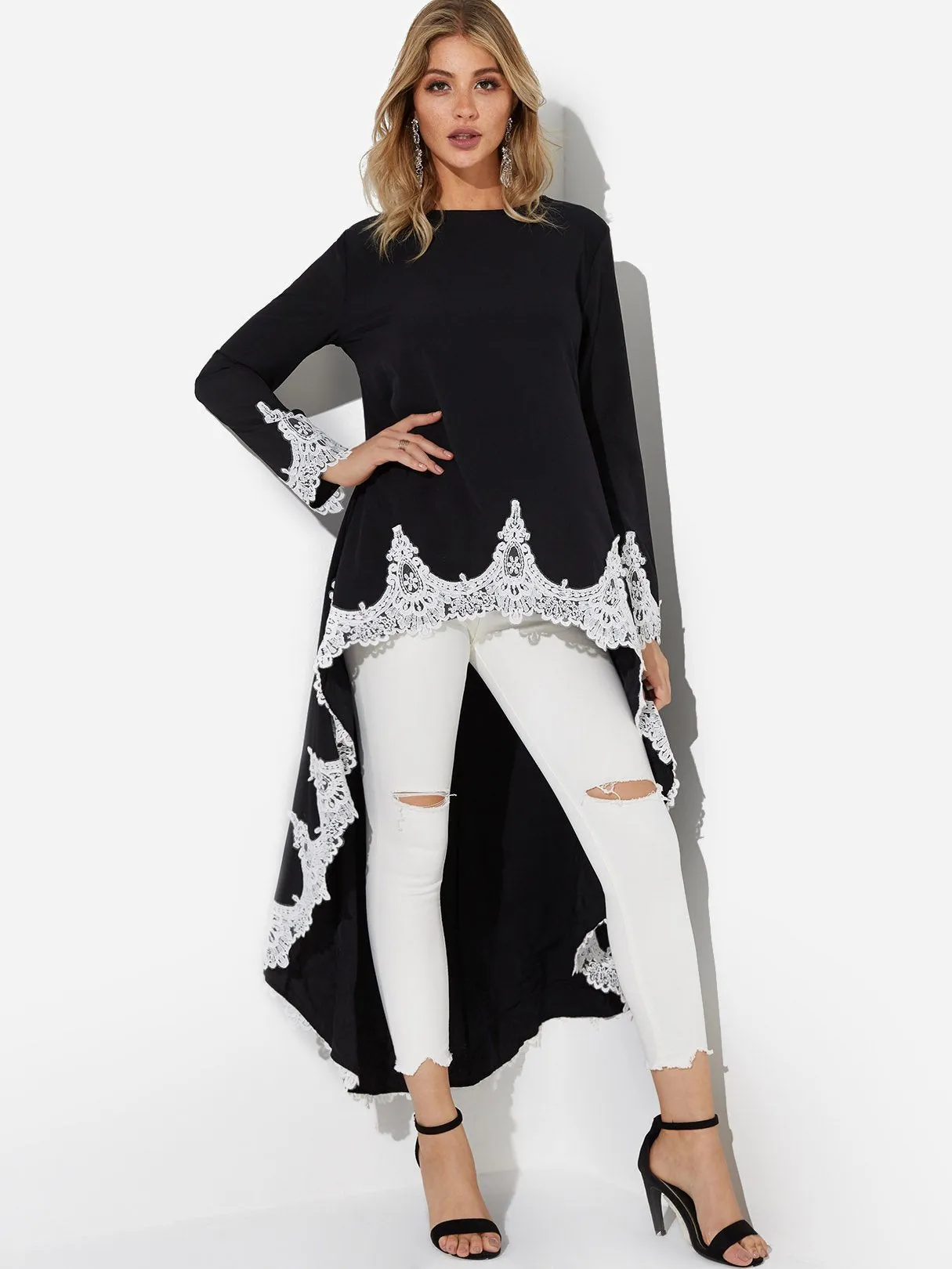 Wholesale Black Round Neck Long Sleeve Plain Lace Insert Irregular Hem Casual Dresses