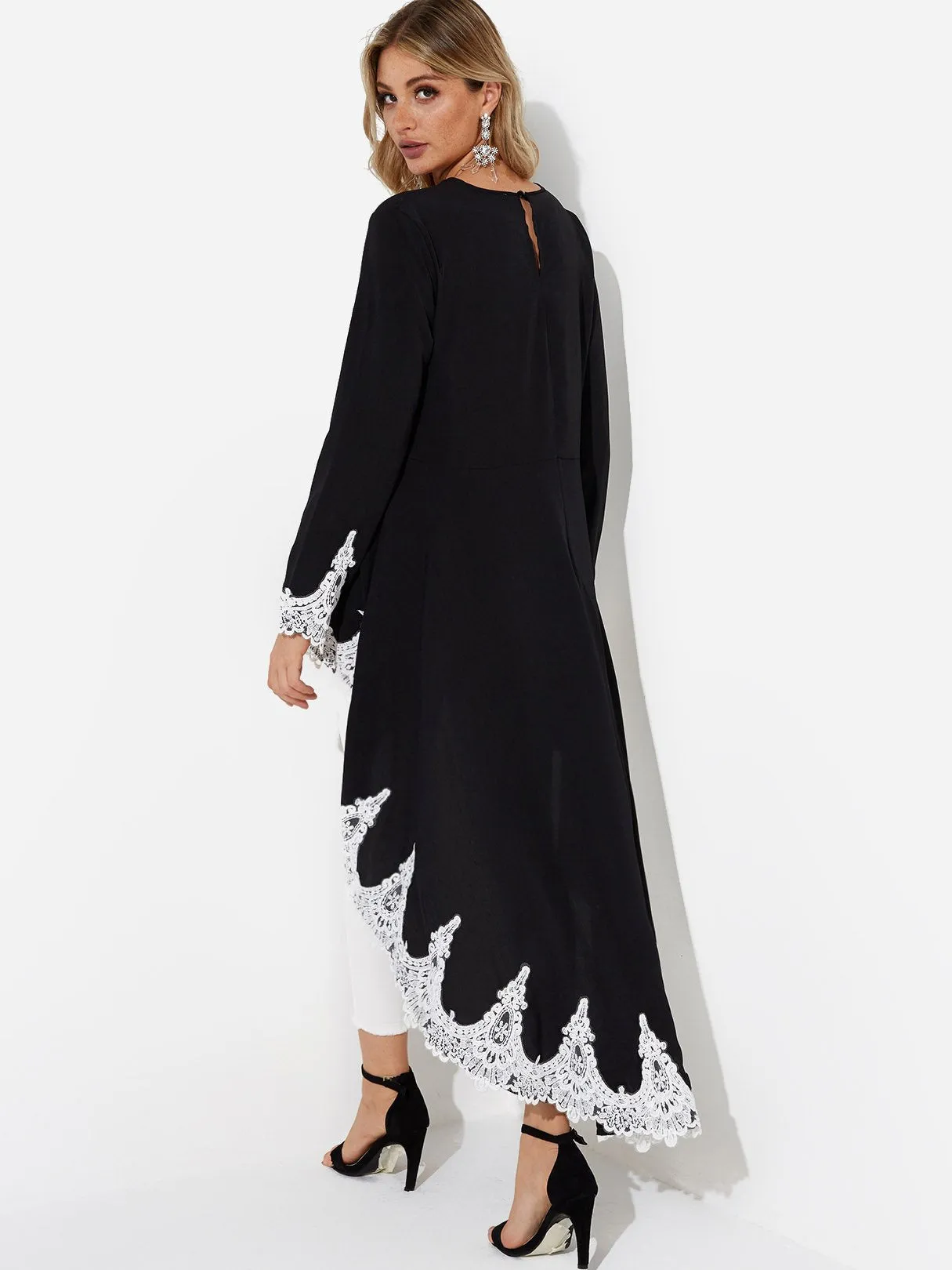 Wholesale Black Round Neck Long Sleeve Plain Lace Insert Irregular Hem Casual Dresses