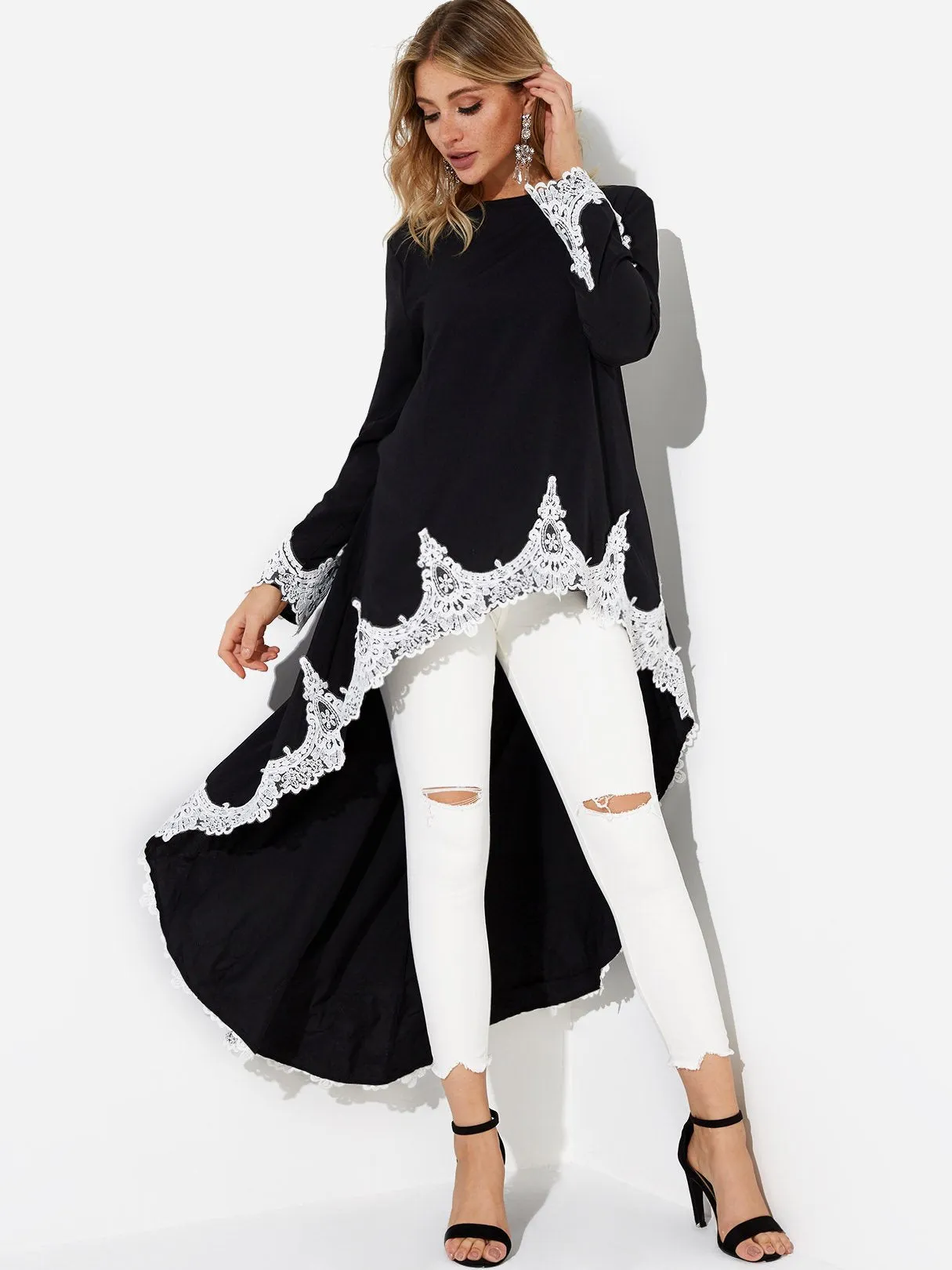 Wholesale Black Round Neck Long Sleeve Plain Lace Insert Irregular Hem Casual Dresses