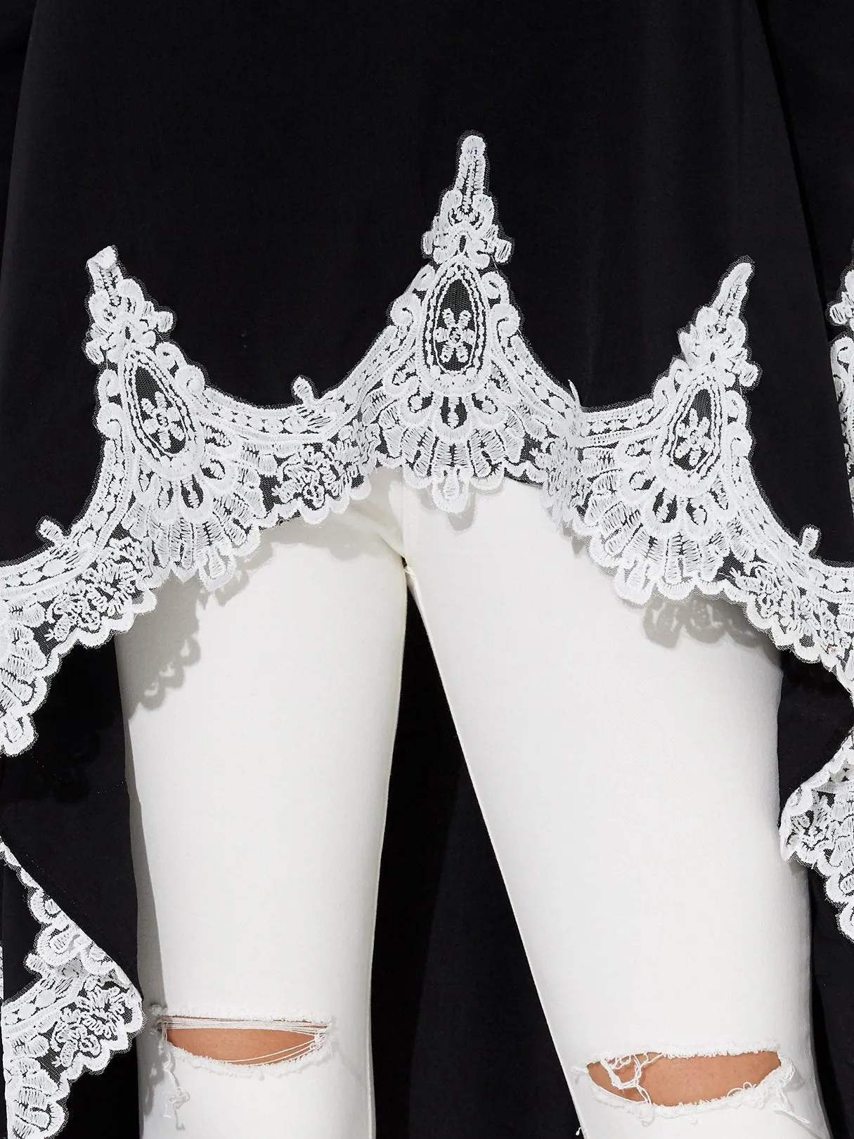 Wholesale Black Round Neck Long Sleeve Plain Lace Insert Irregular Hem Casual Dresses